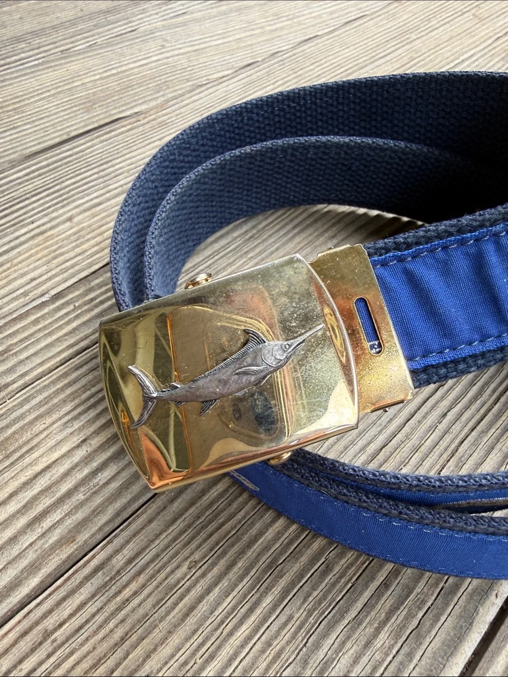 Woven blue white marlin belt with brass buckle